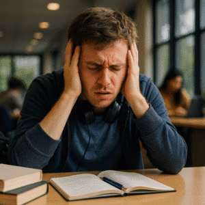 student met boek en oren op het hoofd